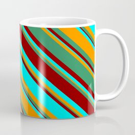[ Thumbnail: Dark Orange, Sea Green, Dark Red, and Aqua Colored Stripes/Lines Pattern Coffee Mug ]