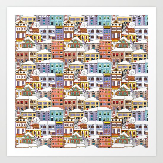 Winter town pattern Art Print
