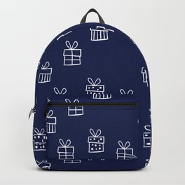 White Christmas gift box pattern on Navy Blue background Backpack | Gift, Box, Outline, Winter, Giftbox, Pattern, Christmas, Present, Wrap, Blue 