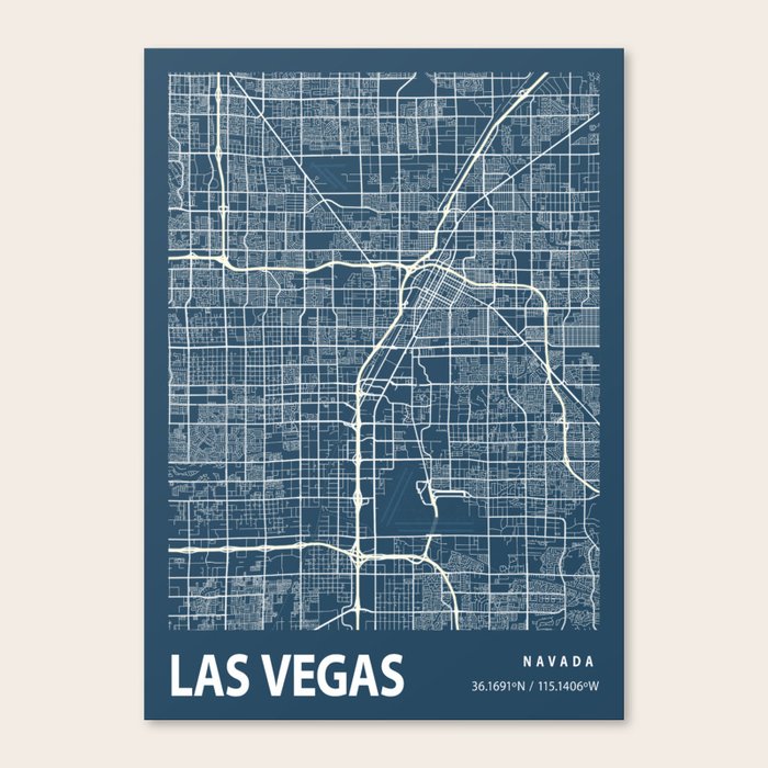 Las Vegas Blueprint Street Map, Las Vegas Colour Map Prints Canvas