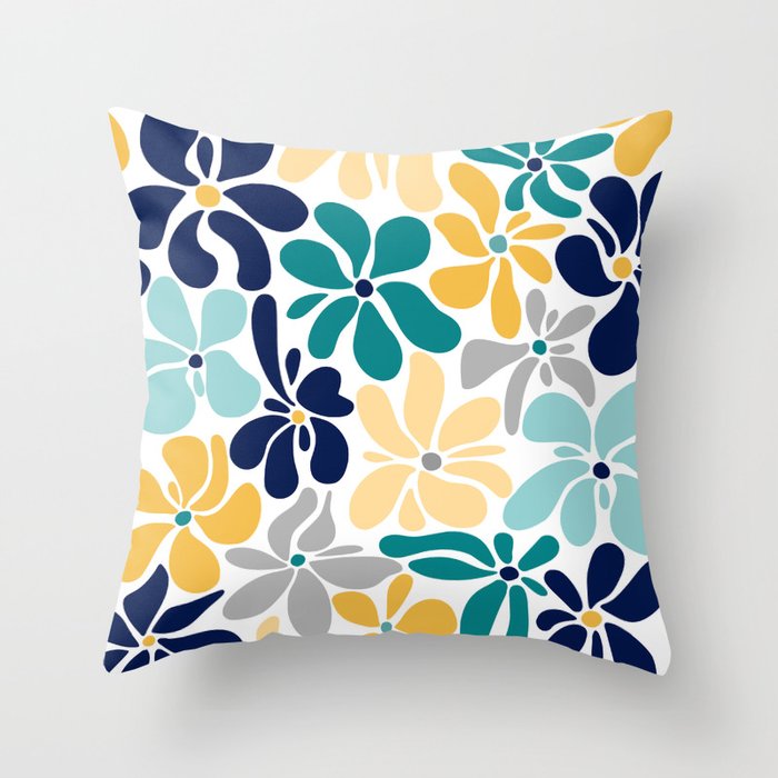 Floral Print, Yellow, Gray, Blue, Teal Throw Pillow by Megan Morris