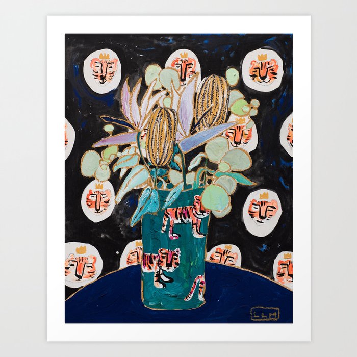 Dark Floral Still Life with Banksia Pods and Tigers Art Print
