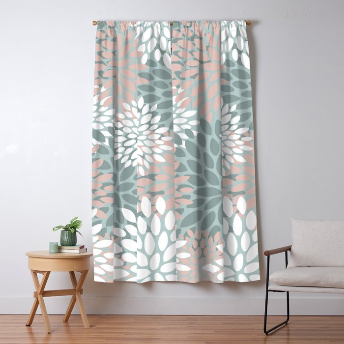 Floral Blooms Dahlia Pattern Blush Green Teal White Blackout