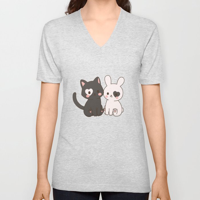 Cat & Bunny Love V Neck T Shirt