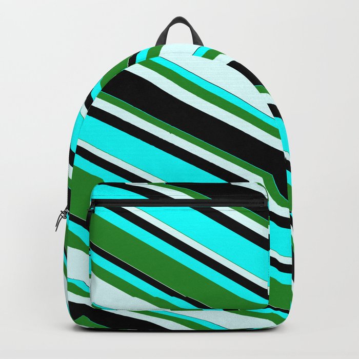 Aqua, Forest Green, Light Cyan, and Black Colored Lines/Stripes Pattern Backpack