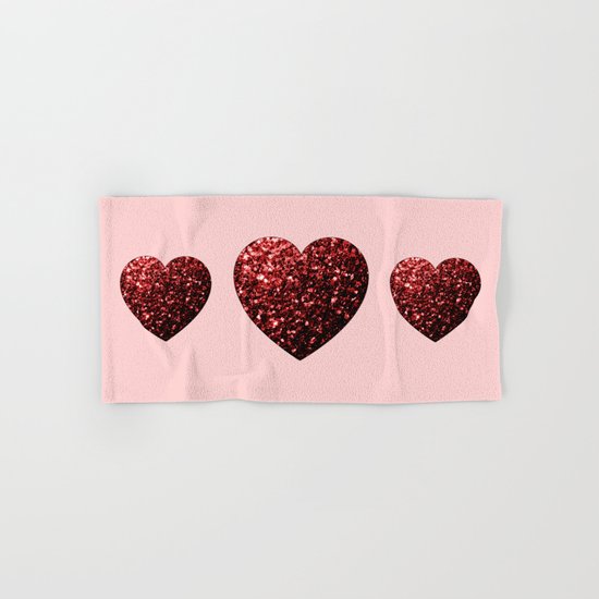 Red Glitter sparkles Heart Hand & Bath Towel