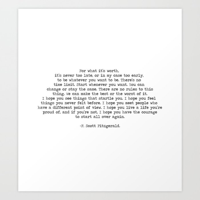 Its Never Too Late F Scott Fitzgerald Quote Art Print By Summersoulco