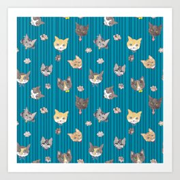 Cats with Paws Pattern/Hand-drawn in Watercolour/Blue Stripe Background Art Print