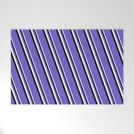 [ Thumbnail: White, Black & Slate Blue Colored Stripes Pattern Welcome Mat ]