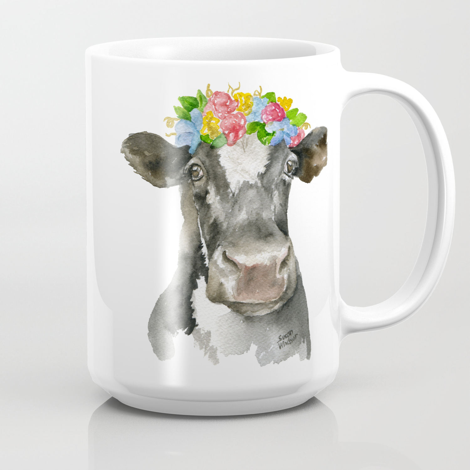 Black And White Cow With Floral Crown Watercolor Painting Coffee