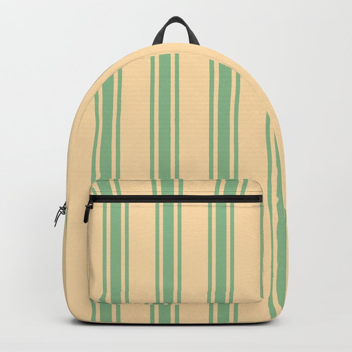 Tan and Dark Sea Green Colored Lined Pattern Backpack