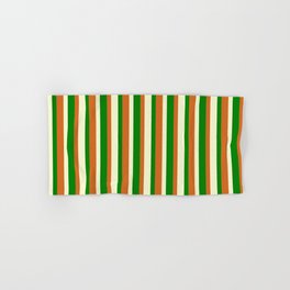[ Thumbnail: Green, Chocolate, and Light Yellow Colored Striped Pattern Hand & Bath Towel ]