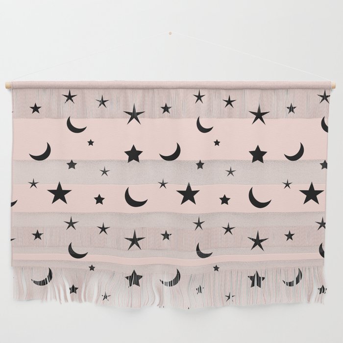 Black moon and star pattern on pink background Wall Hanging