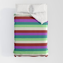 [ Thumbnail: Eyecatching Dark Orchid, Teal, Light Green, Ivory, and Dark Red Colored Lines Pattern Duvet Cover ]