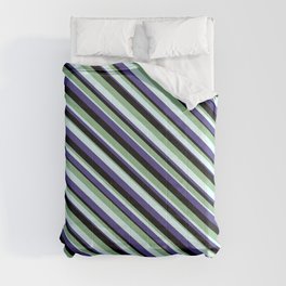 [ Thumbnail: Dark Sea Green, Light Cyan, Dark Slate Blue, and Black Colored Pattern of Stripes Comforter ]