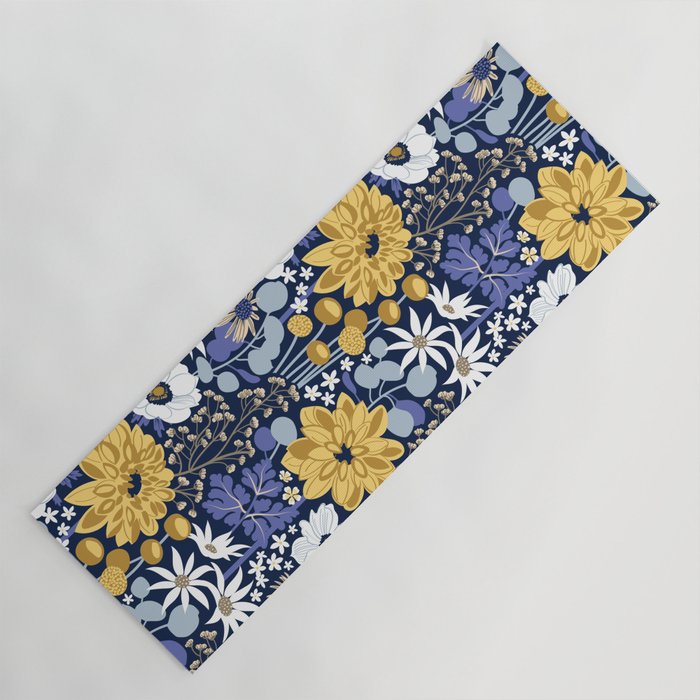 Boho garden // oxford navy blue background background very peri pastel blue yellow ivory and white flowers  Yoga Mat