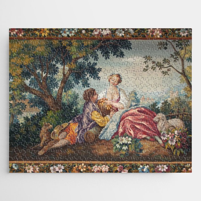 Antique 19th Century Romantic Lovers French Aubusson Tapestry Jigsaw Puzzle