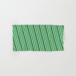 [ Thumbnail: Aquamarine & Dark Olive Green Colored Lines/Stripes Pattern Hand & Bath Towel ]