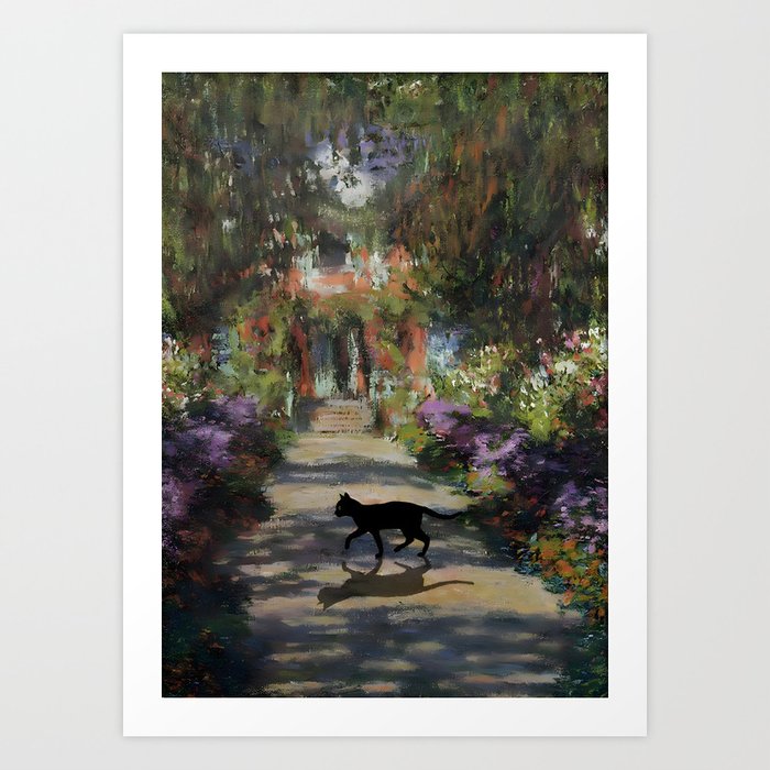 Black Cat Monet Floral Landscape Art Print