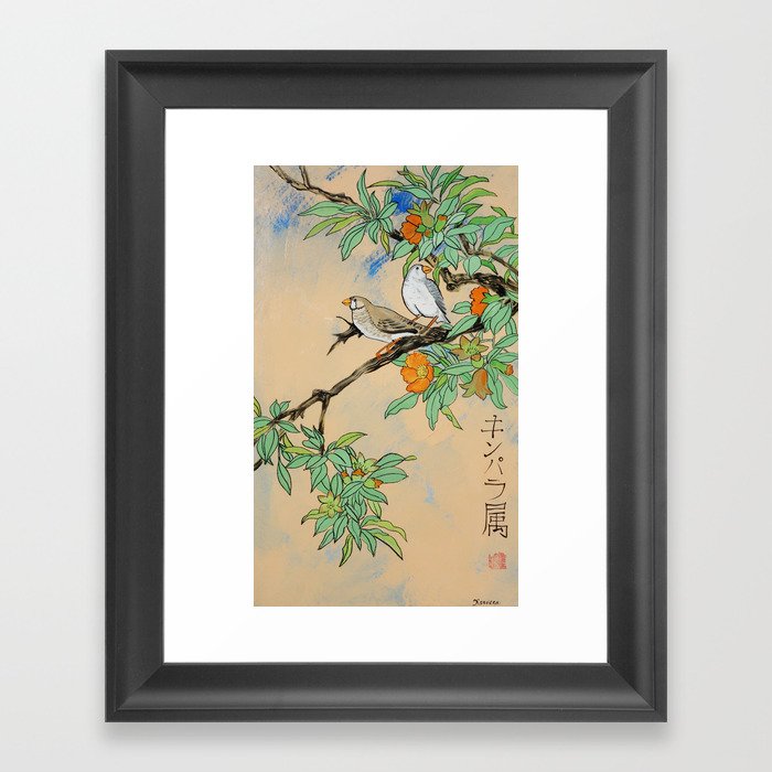 Amadina on the branch Japan Hieroglyph original artwork in japanese style J108 painting by Ksavera Framed Art Print