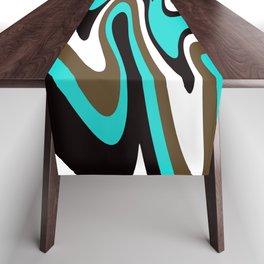 Mid Century Modern Liquid Abstract // Turquoise Blue, Dark Brown, Black and White Table Runner