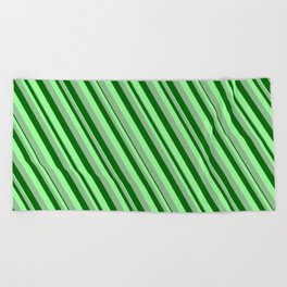 [ Thumbnail: Dark Sea Green, Dark Green & Green Colored Lines/Stripes Pattern Beach Towel ]