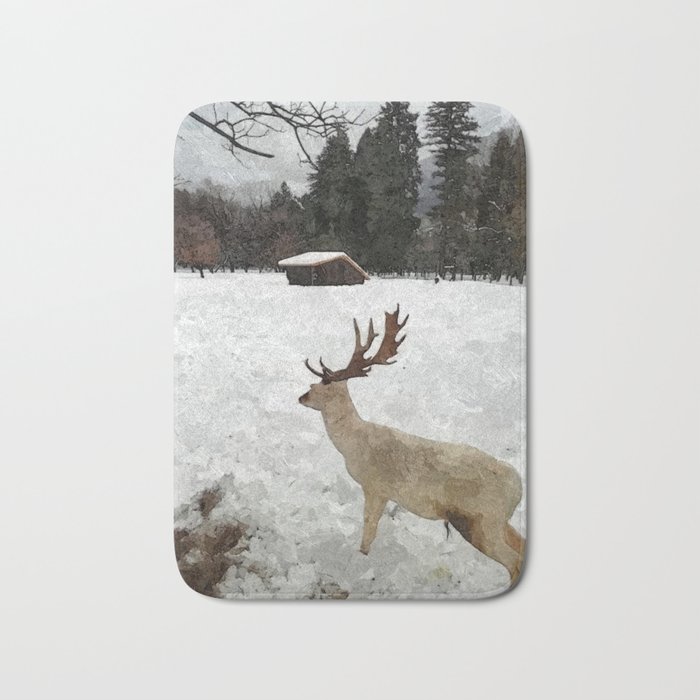 White deer with snow Bath Mat