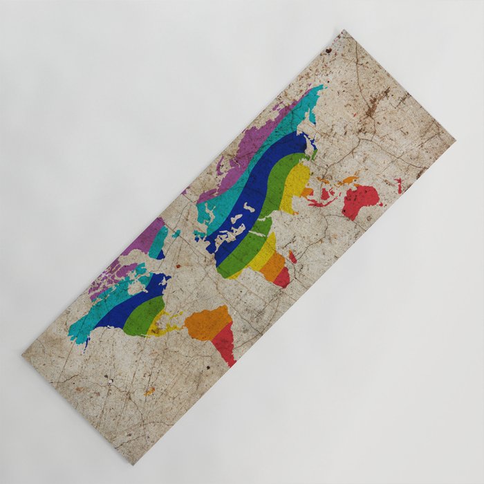 Rainbow color painted world map on dirty old grunge cement wall Yoga Mat