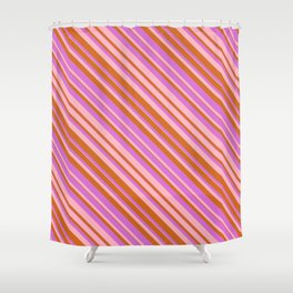 [ Thumbnail: Chocolate, Orchid & Light Pink Colored Lined/Striped Pattern Shower Curtain ]
