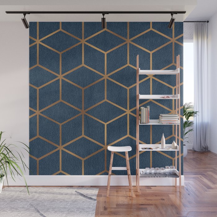 Dark Blue And Gold Geometric Textured Cube Design Wall Mural By Catherinebuggins Society6