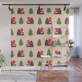 Cute House And Christmas Tree Print Light Pink Pattern Wall Mural