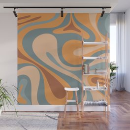 Mod Swirl Retro Abstract Pattern in Muted Slate Blue Orange Brown Wall Mural