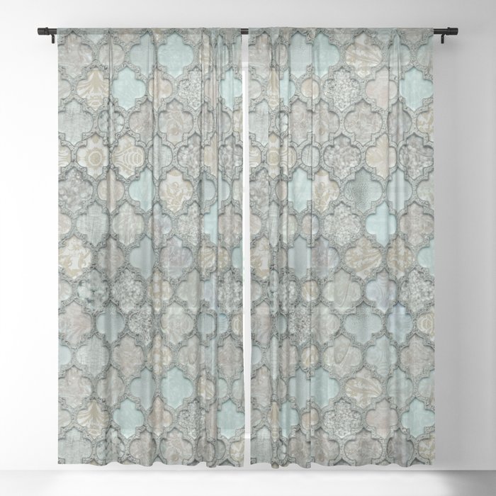 Old Moroccan Tiles Pattern Teal Beige, Moroccan Tile Curtains