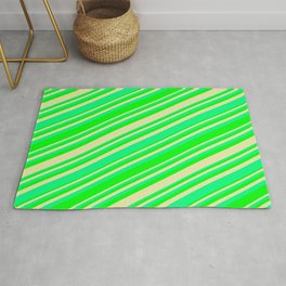 [ Thumbnail: Green, Lime, and Pale Goldenrod Colored Pattern of Stripes Rug ]