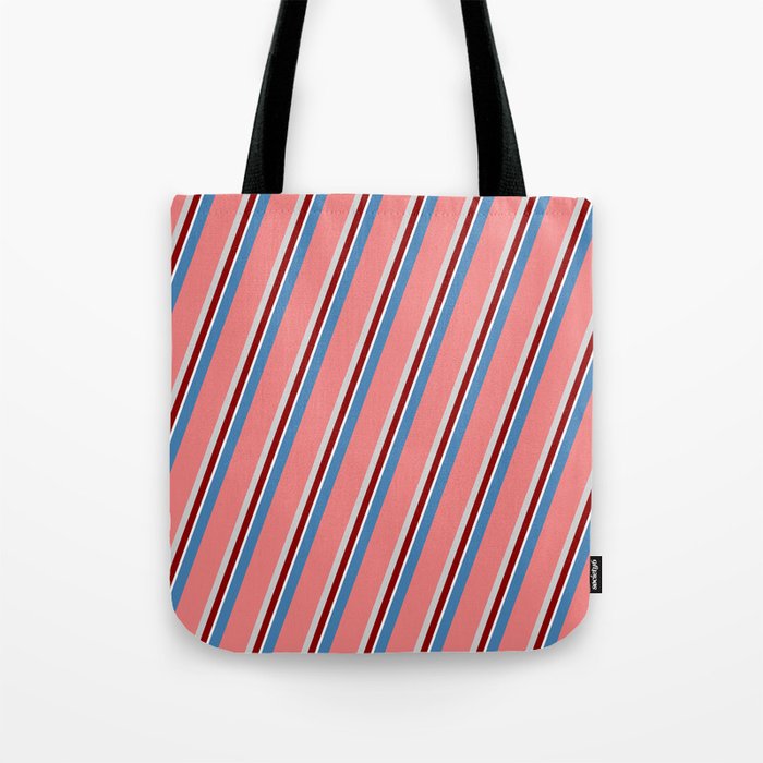 Eyecatching Blue, Light Coral, Light Grey, Dark Red, and White Colored Stripes Pattern Tote Bag