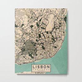 Lisbon City Map of Portugal - Vintage Metal Print | Portuguese, Map, City, Lisbon, Lisboncity, Old, Lisbonmap, Street, Travel, Landscape 