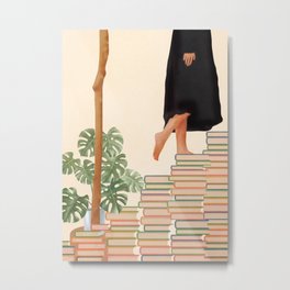Books Metal Print | Stepping, Dress, Branches, Walking, Stacked, Female, Black, Books, Graphicdesign, Modern 