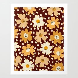 Retro Spring Flower Meadow Brown Art Print