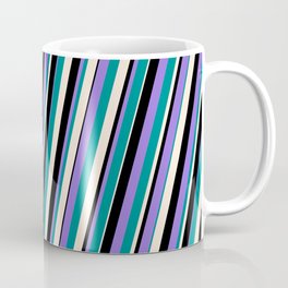[ Thumbnail: Purple, Dark Cyan, Beige & Black Colored Striped Pattern Coffee Mug ]