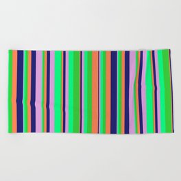 [ Thumbnail: Vibrant Lime Green, Coral, Midnight Blue, Plum, and Green Colored Lines/Stripes Pattern Beach Towel ]