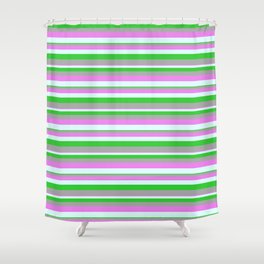 [ Thumbnail: Violet, Light Cyan, Lime Green, and Dark Grey Colored Lines/Stripes Pattern Shower Curtain ]