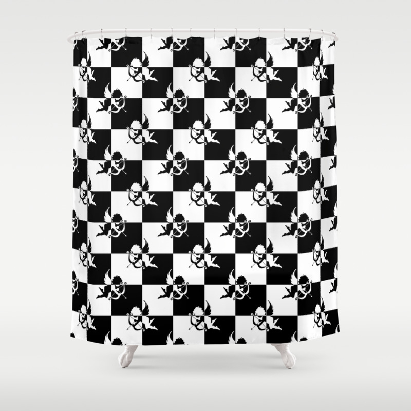 White Cupid Angels Shower Curtain, Hookless Checkmate Shower Curtain Liner