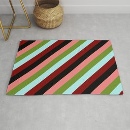 [ Thumbnail: Eyecatching Light Coral, Green, Turquoise, Maroon & Black Colored Striped/Lined Pattern Rug ]