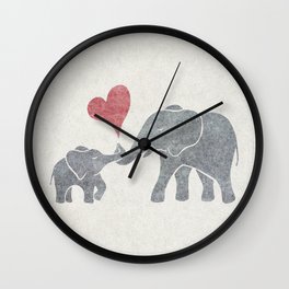 Elephant Hugs with Heart in Muted Gray and Red Wall Clock
