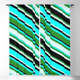 [ Thumbnail: Aqua, Forest Green, Light Cyan, and Black Colored Lines/Stripes Pattern Blackout Curtain ]