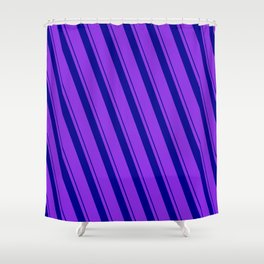 [ Thumbnail: Dark Blue and Purple Colored Lined/Striped Pattern Shower Curtain ]