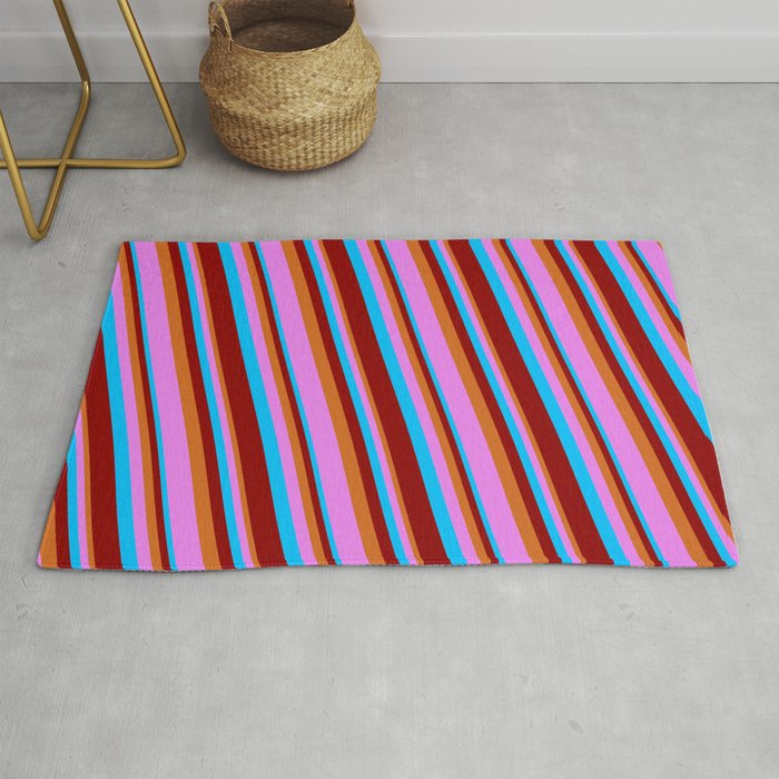 Deep Sky Blue, Dark Red, Chocolate & Violet Colored Lines/Stripes Pattern Rug