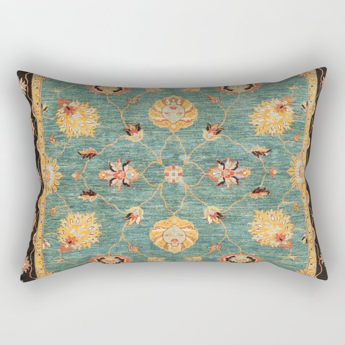 Oushak  Antique Gold Teal Turkish Rug Print Rectangular Pillow