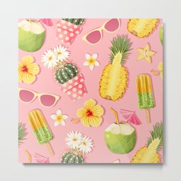 Pastel Summer Cactus Glasses Popsicle Flowers Pineapple Metal Print