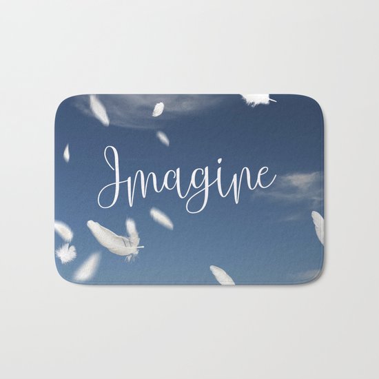Imagine- Feathers and Typography on blue summersky Bath Mat